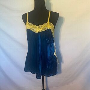 ARATTA Blue Velvet Yellow Lace Cami Top Adjustable Straps Button Front Size M